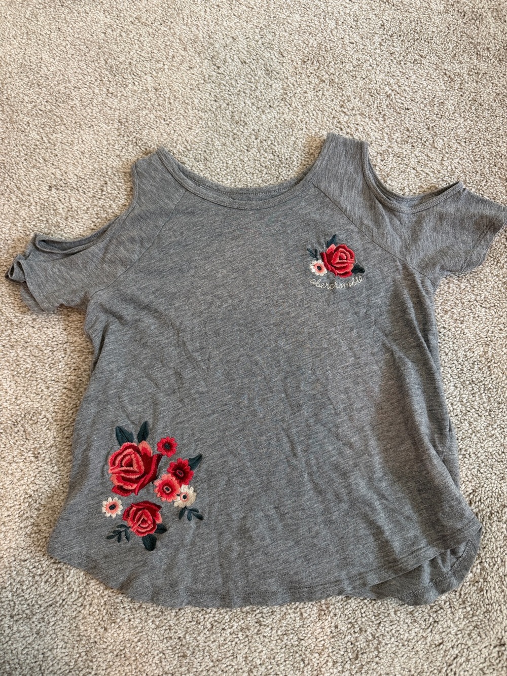 Abercrombie kids Girls' Gray Cold-Shoulder Top with Red Floral Embroidery
